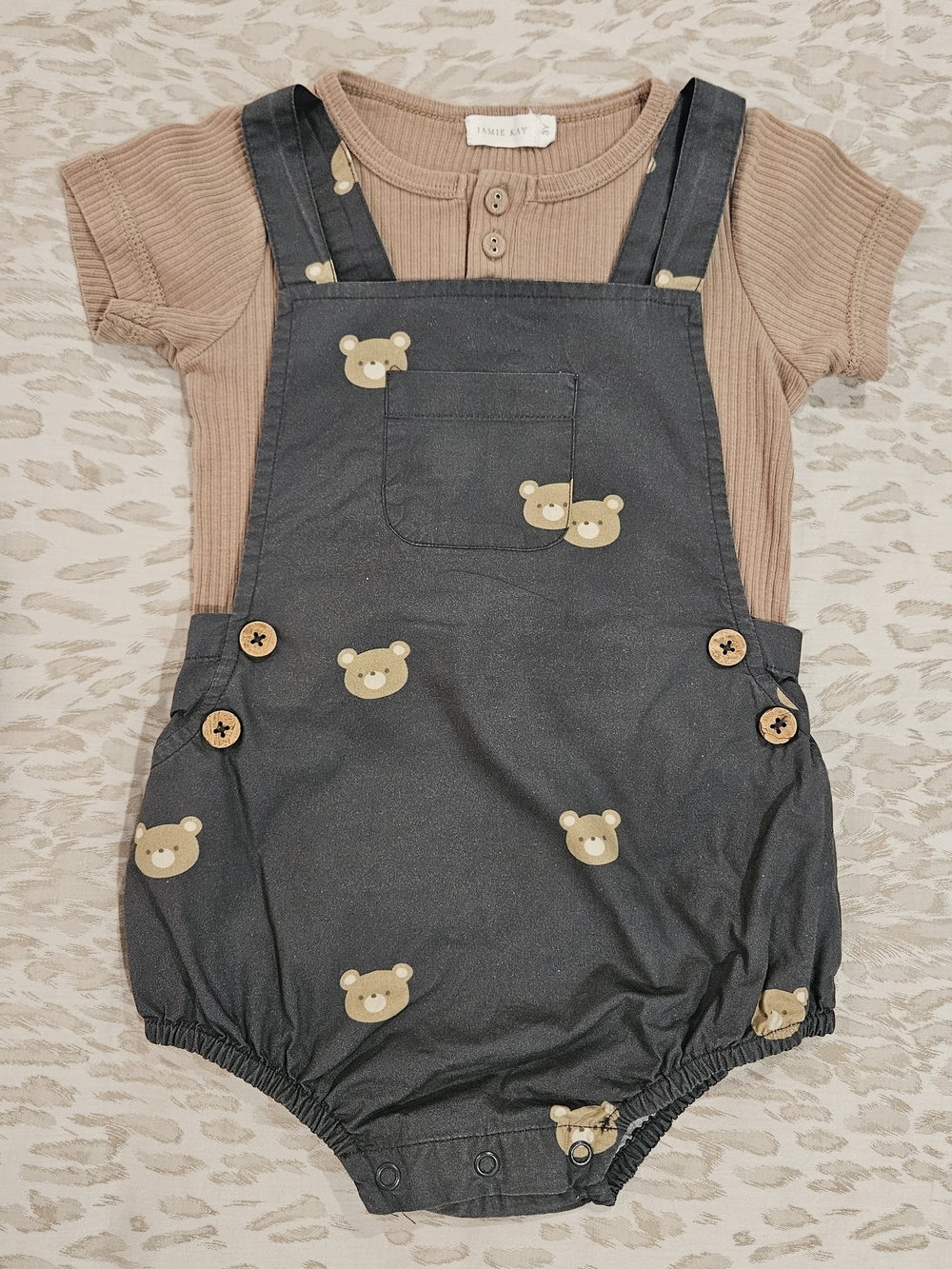 Jamie Kay Bear Print Shortalls with Tan Henley Tee Sz 3